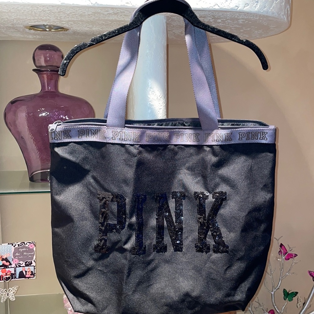 VS Pink Black Sequin Logo Canvas Tote